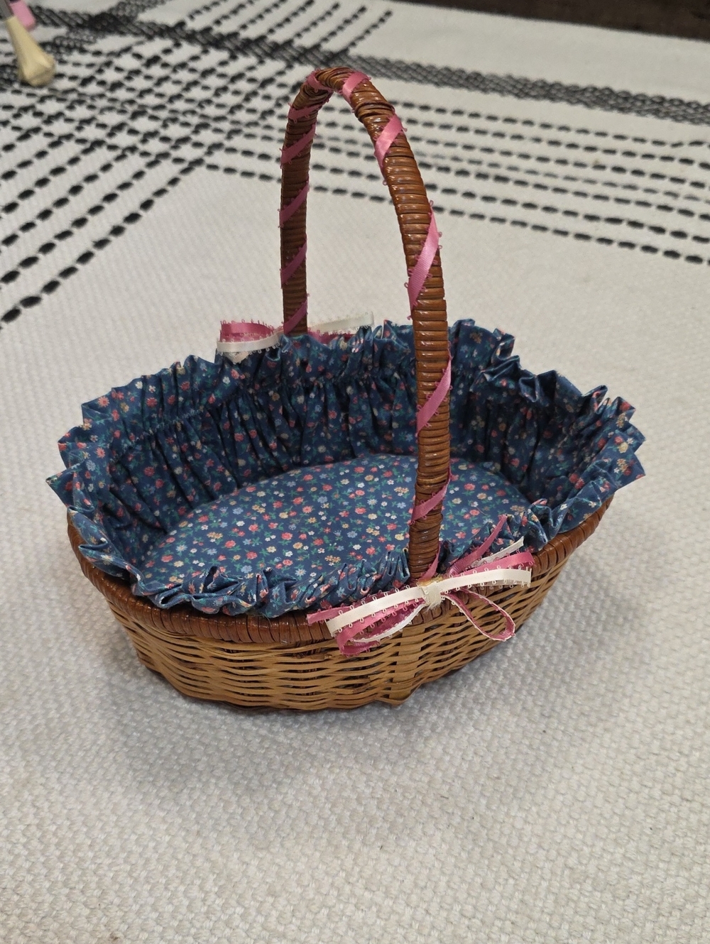 Wicker Basket with Blue Floral Liner and Pink Ribbon